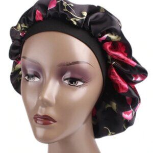 Black Floral Print Satin Silky Hair Bonnet with Elastic Band (Never W…